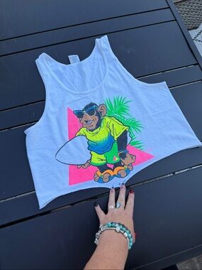 80s Fruit of the Loom White Crop Tank with Neon Surf Monkey Graphic EUC